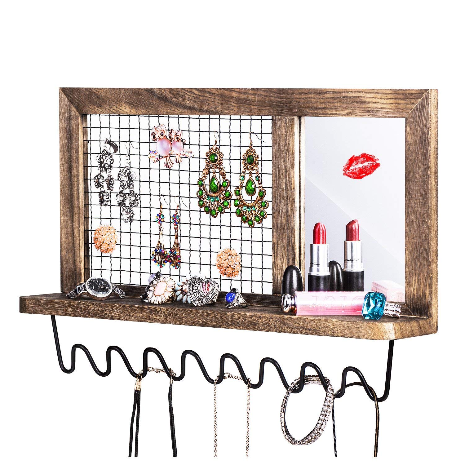 Jewelry Organizer, SRIWATANA Wall Mount Metal Wood Jewelry Holder, Necklace, Earrings, Rings, Lipstick Holder Organizer with Makeup Mirror