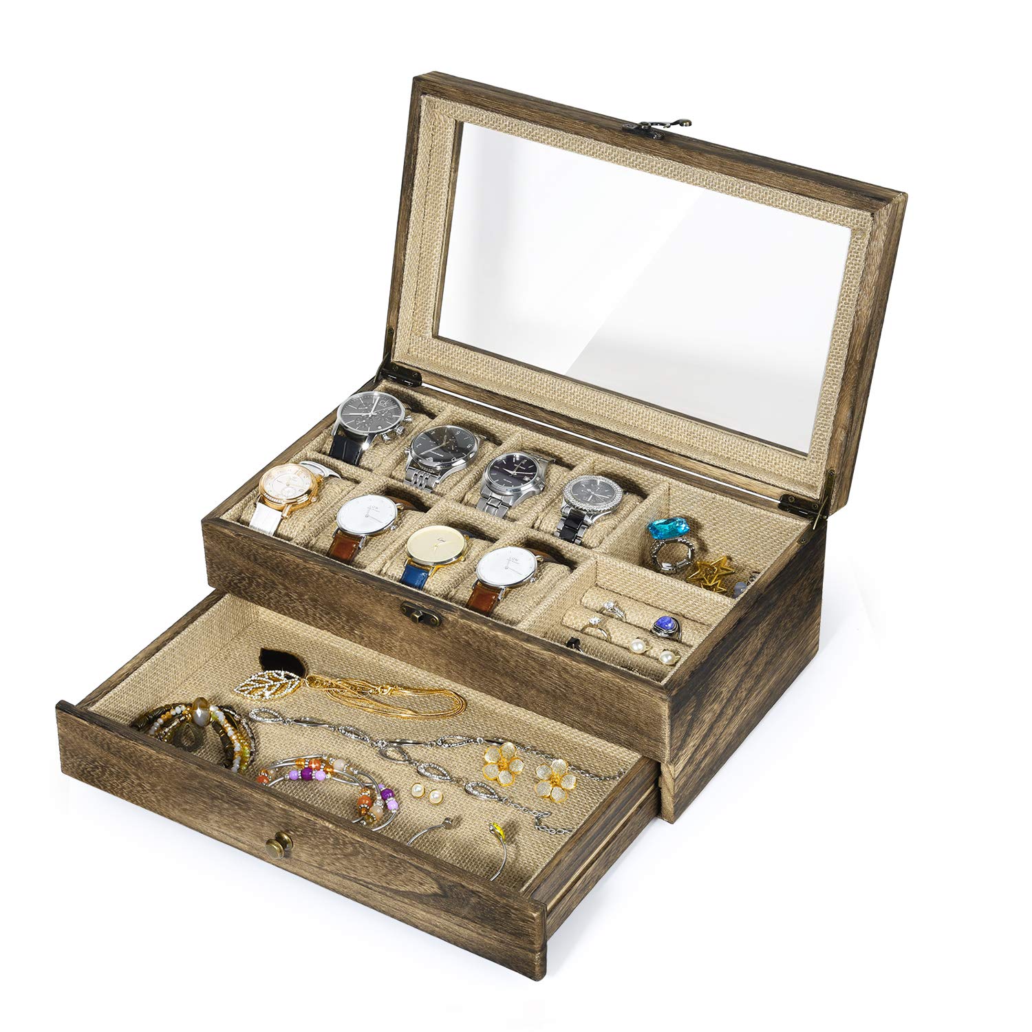 SRIWATANA Watch Box Case, Rustic Solid Wood Watch Organizer, 10 Versatile Slots for Watch, Ring, Bracelet