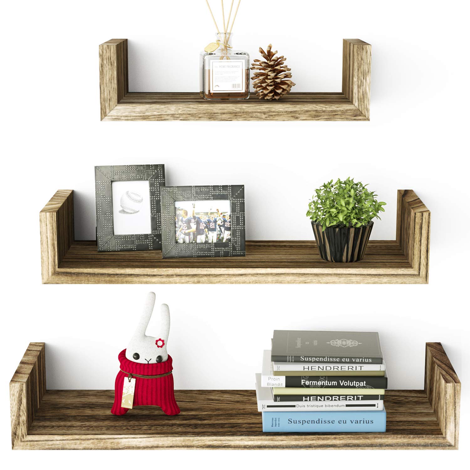 SRIWATANA Floating Shelves Wall Mounted, Solid Wood Wall Shelves, Torched Finish